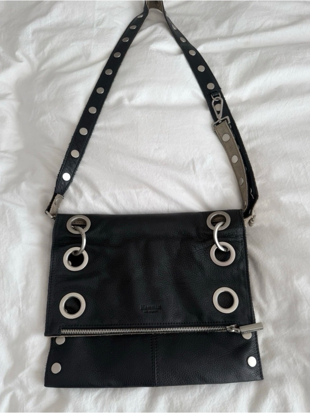 Leather Crossbody Bag with Silver Stud Details - Black